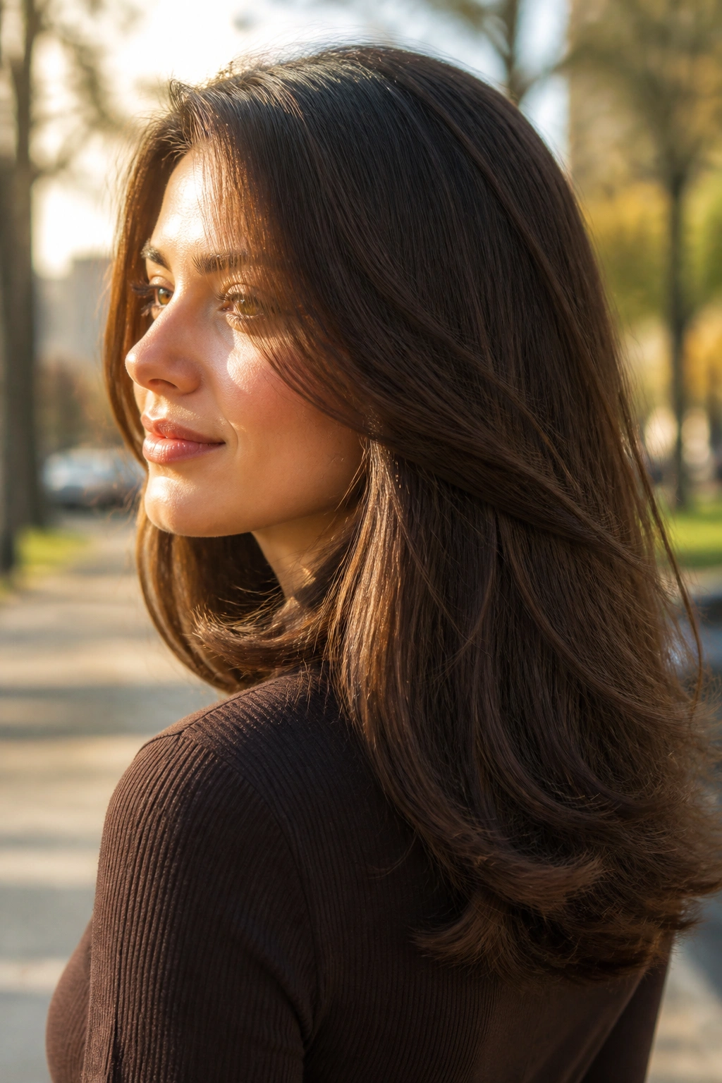 Portrait of a woman with U-shaped layered hair creating a swingy finish