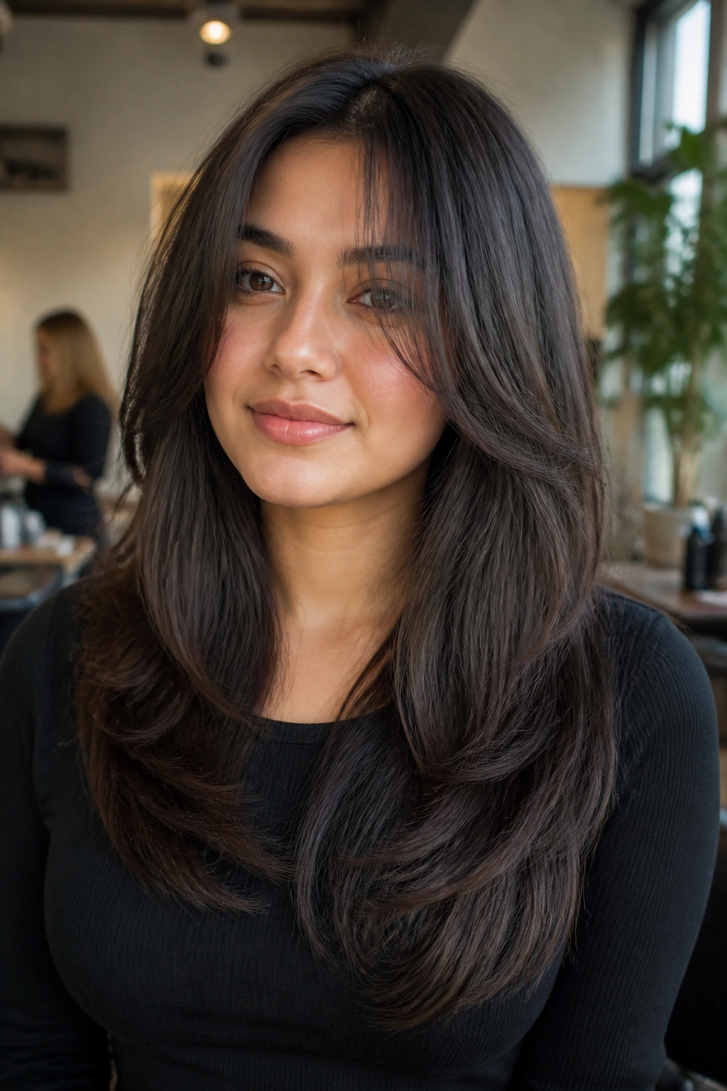 Portrait of a real person with thick hair styled in a U-shaped long layers.