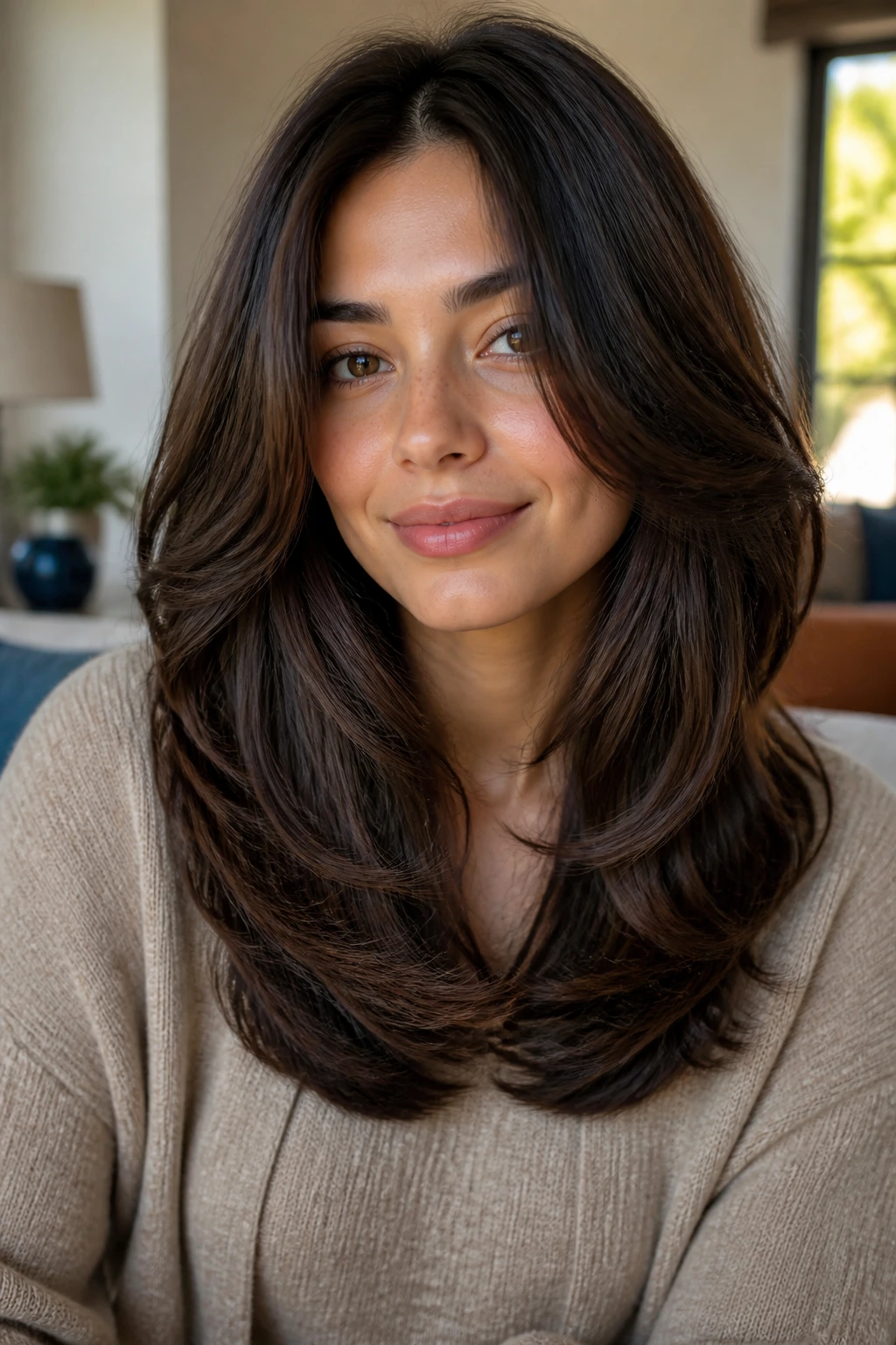Close-up portrait of a real woman with thick hair in a U-shaped silhouette