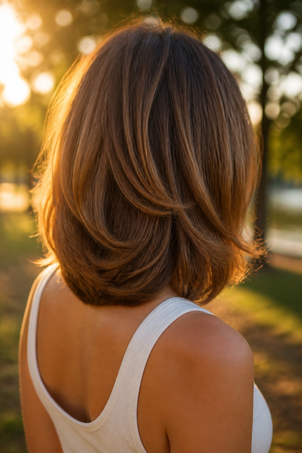 Three-quarter back view of real woman with U-shaped layered lob in park