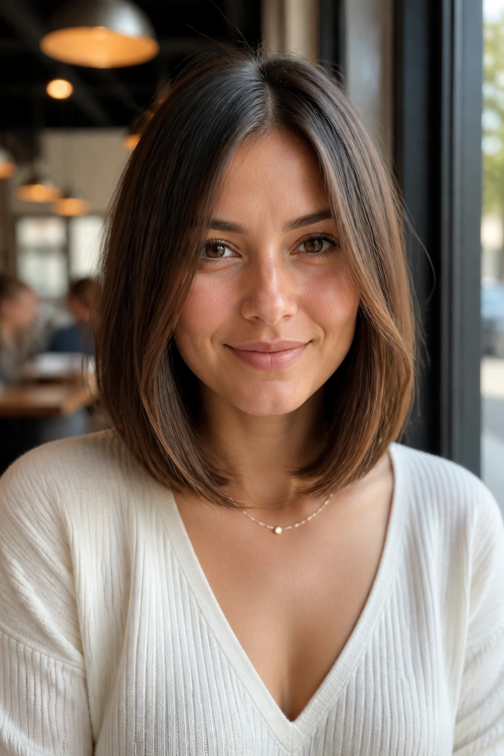 Medium close-up of a real woman with a U-shaped lob, longer center, soft curve under chin in cafe light.