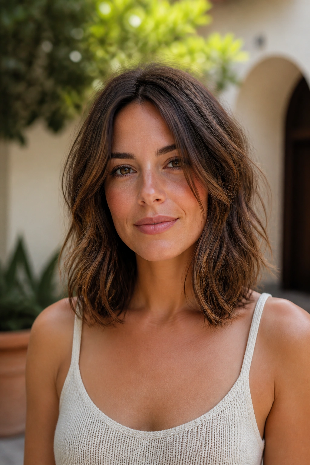 Close-up of a real woman with a U-shaped layered lob in outdoor sunlit courtyard