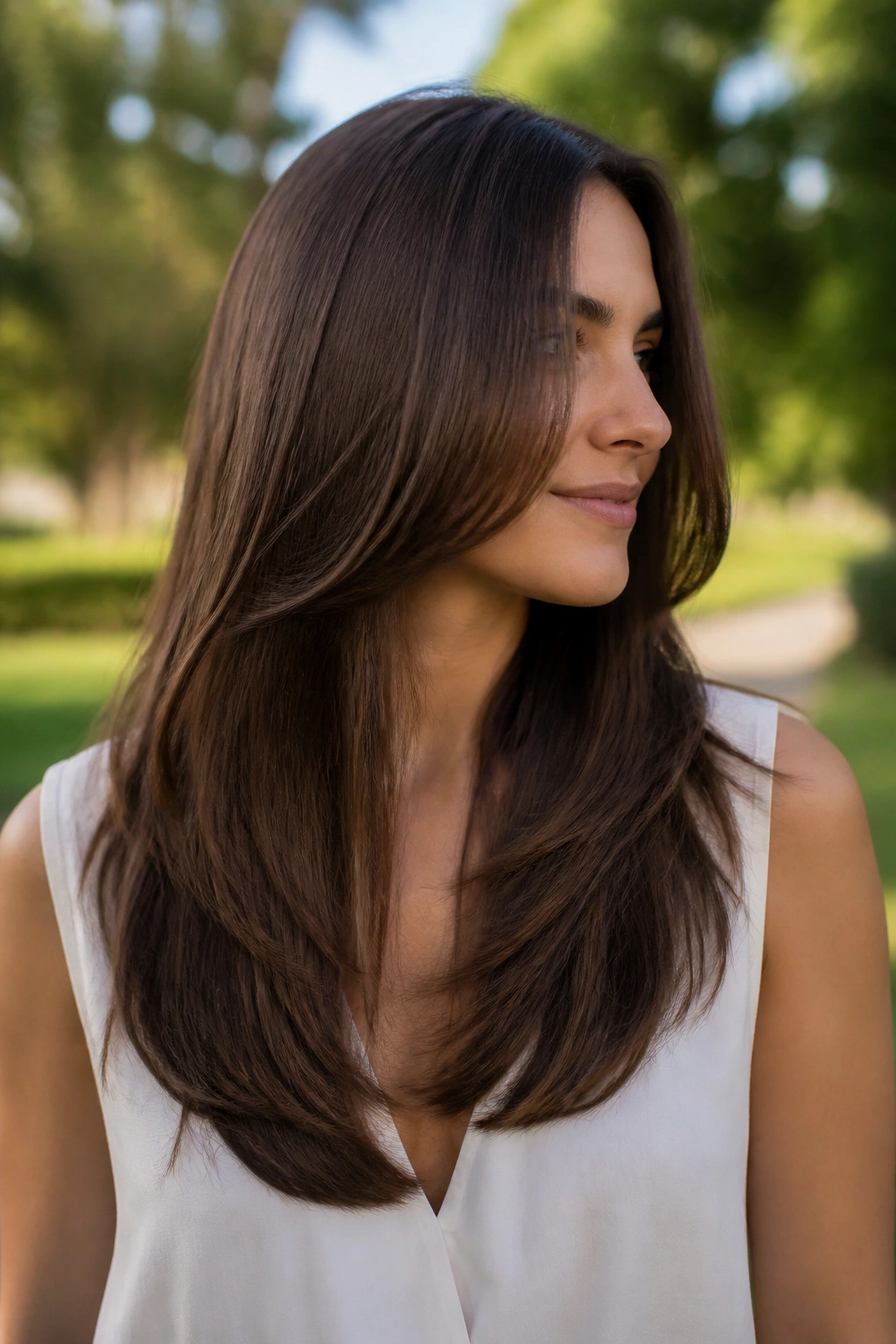 Close-up of person with U-shaped long cut showing soft curve