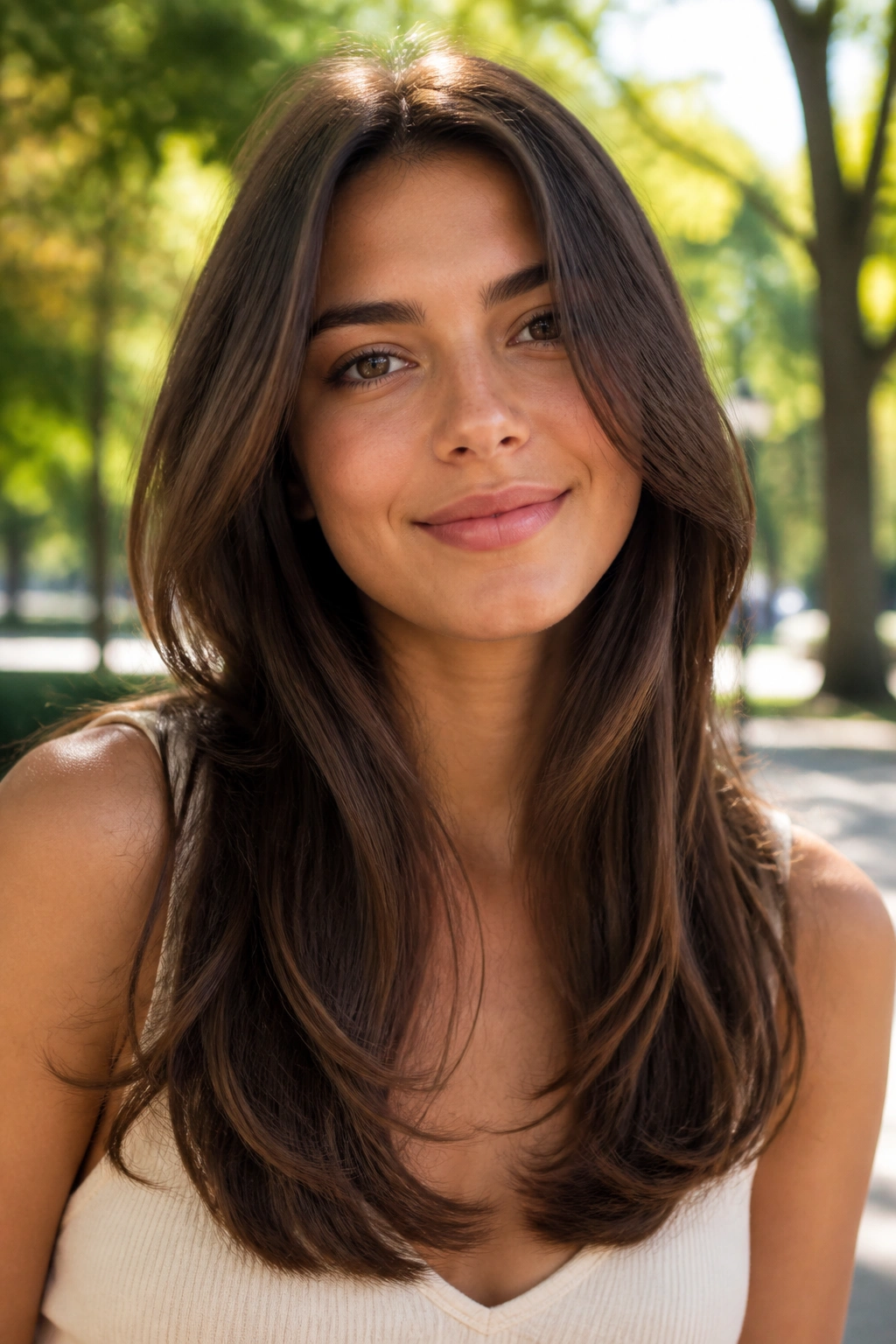 Close-up portrait of a real woman with a long hair cut in a shallow U-shape.