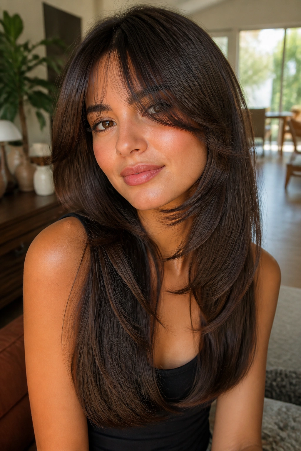 Portrait of a woman with a U-shaped long cut and feathered bangs.