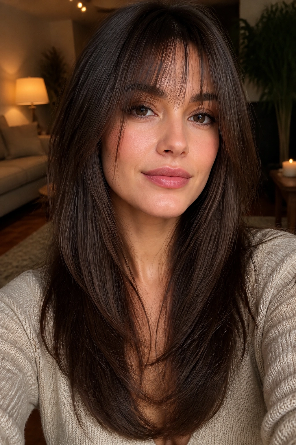 Real woman portrait with U-shaped long cut wispy fringe
