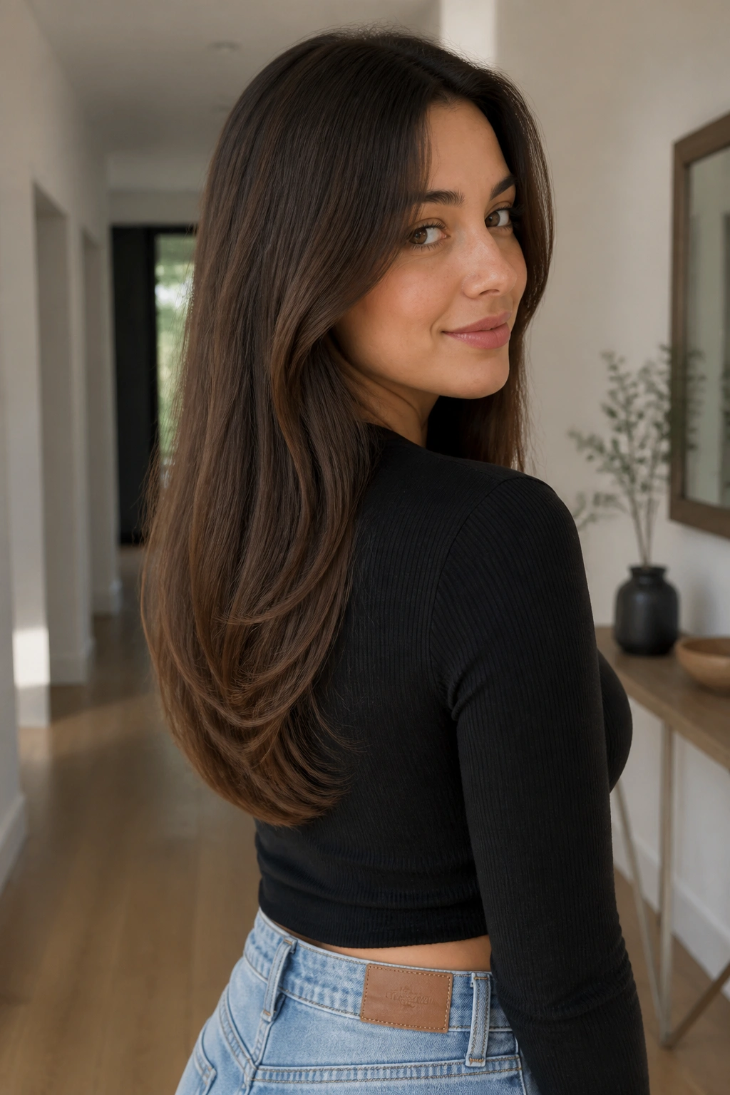 Portrait of woman with a U-shaped long cut showing back-length curve