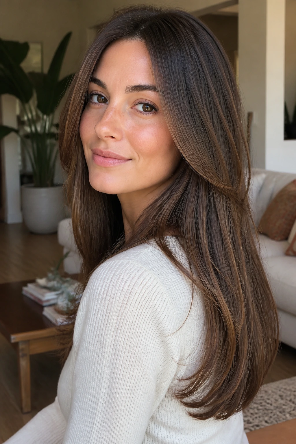 Portrait of a woman with a U-shaped long cut.