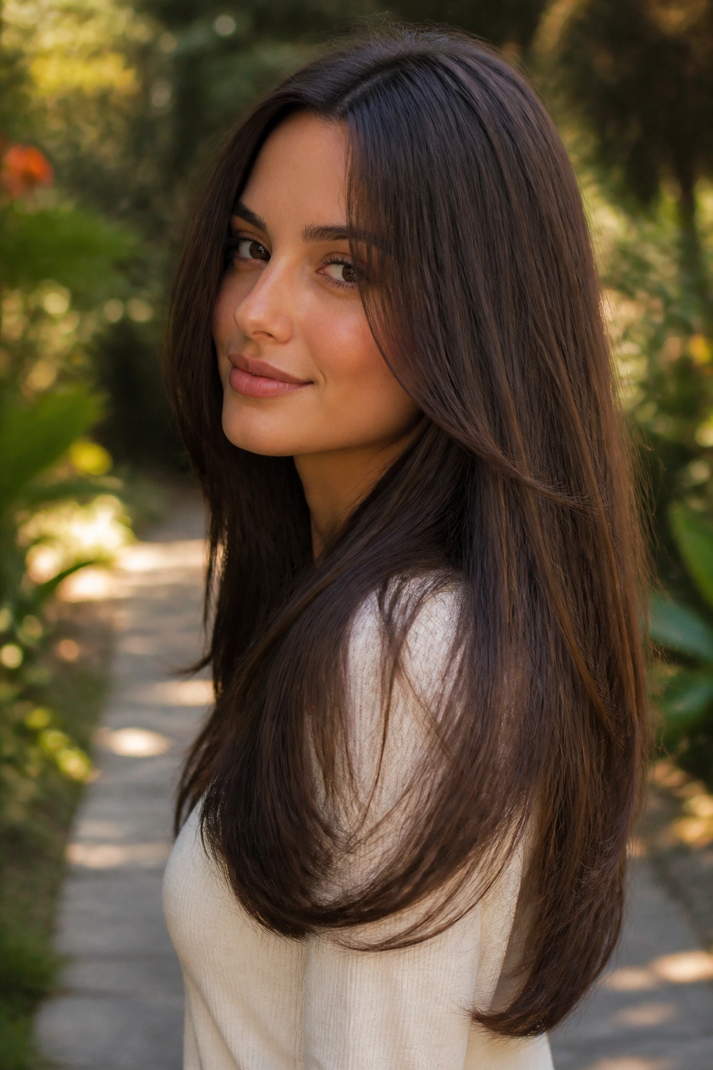 Real woman with U-shaped long cut in a garden during golden hour