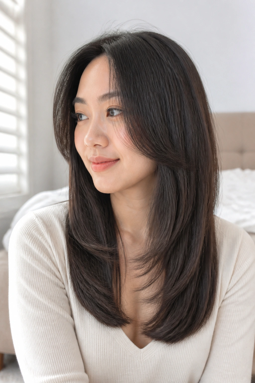 Real woman with U-Shaped Long Cut under soft natural light.