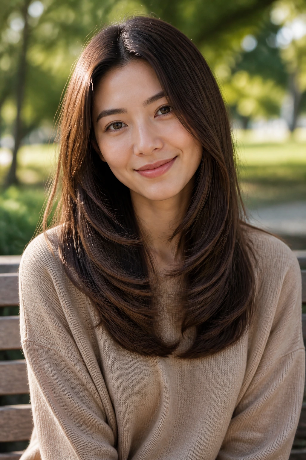 Portrait of a real woman with a gentle U-shaped long cut and curved ends
