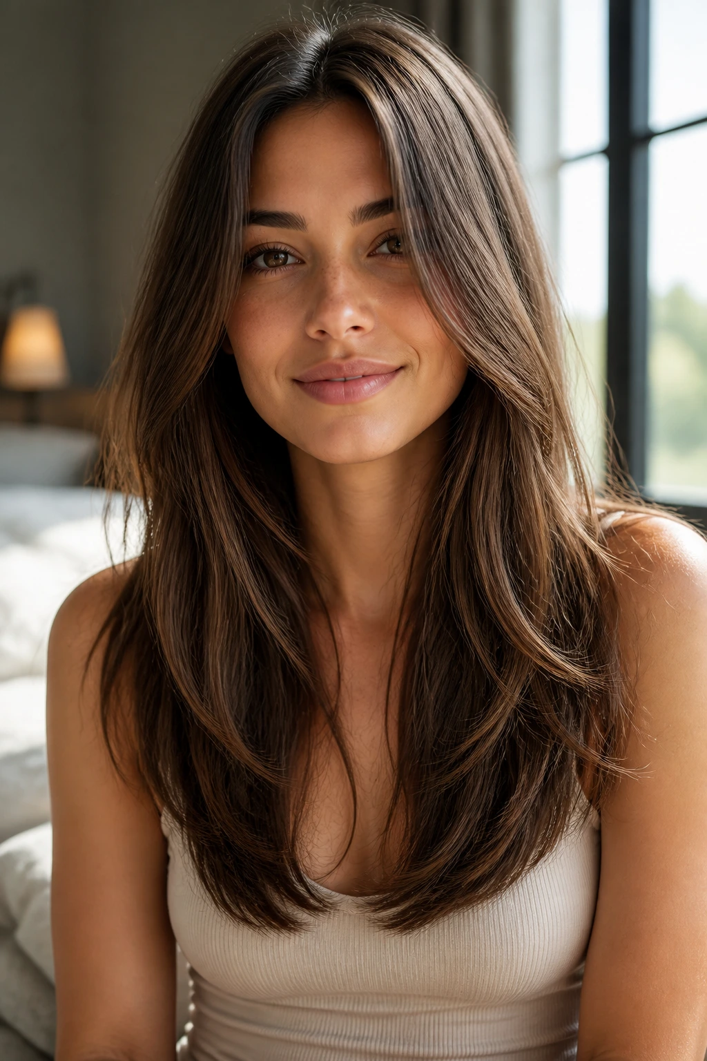Close-up of a real woman with U-shaped long layers for fine hair, fuller ends