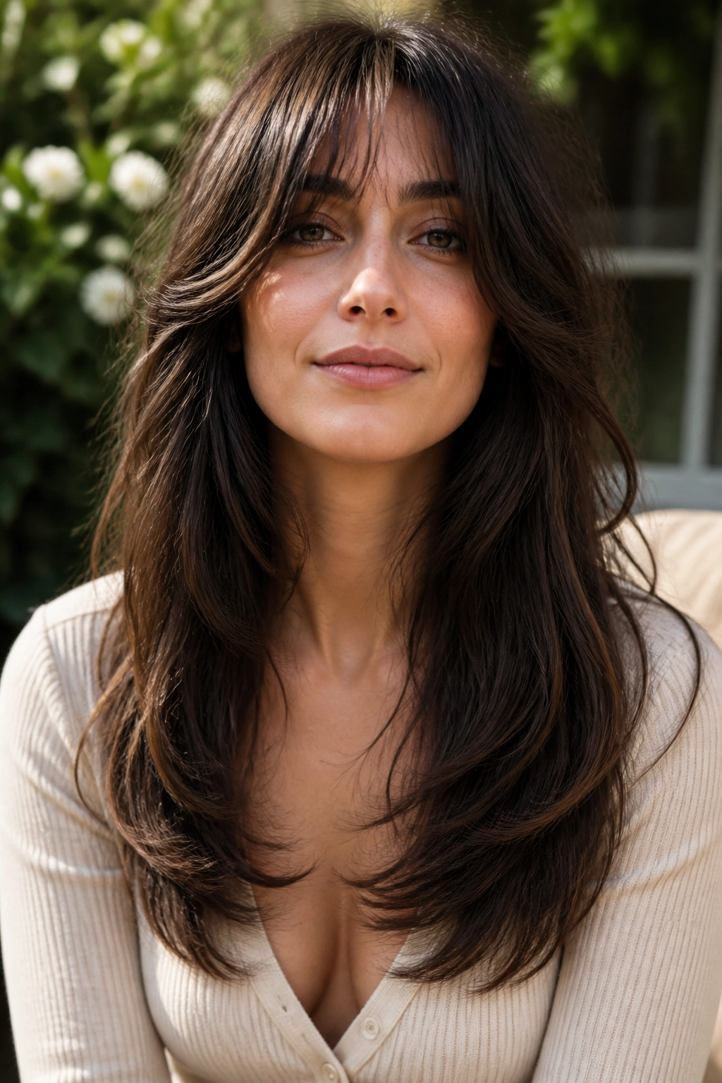 Real woman with a U-shaped long shag and rounded hem in soft light