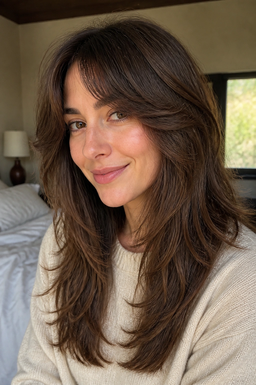 Close-up portrait of a real woman with a U-shaped long shag hair that curves around the face