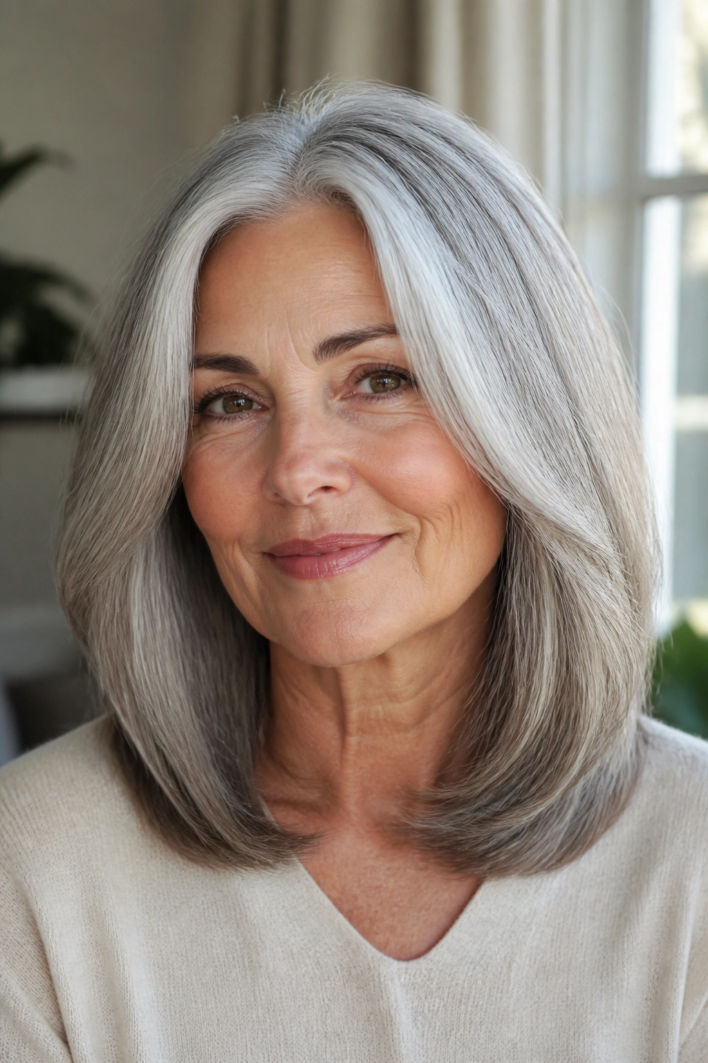 Close-up of a real woman with U-shaped medium cut and center part in a calm, natural light setting