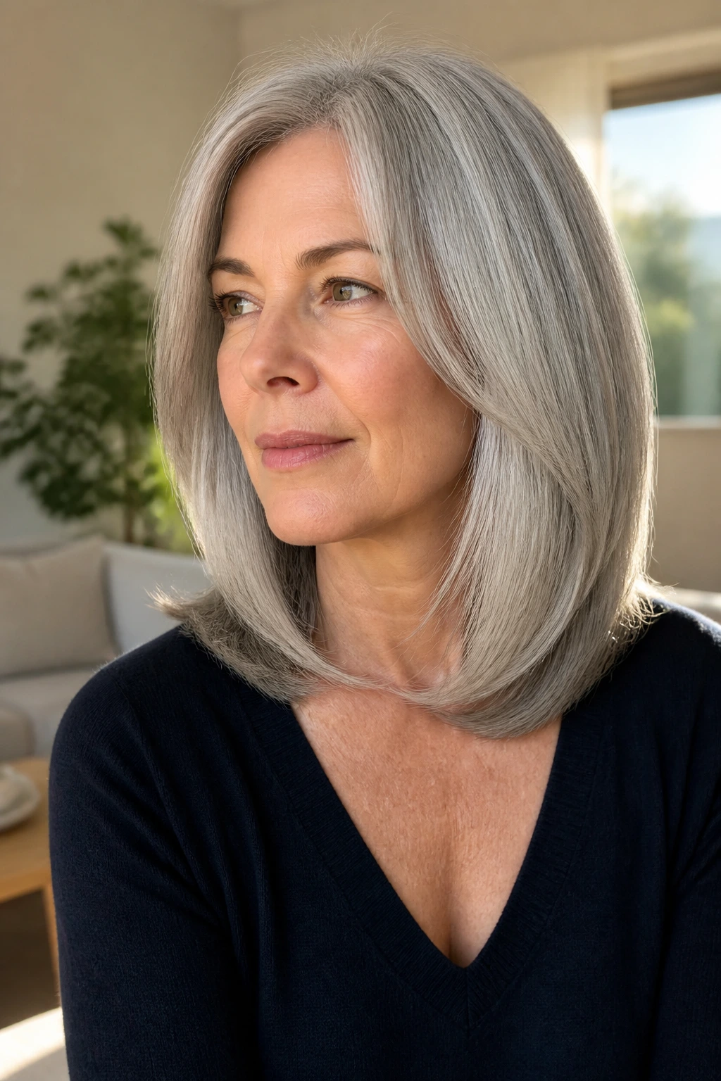 Close-up of a real woman with a U-shaped mid-length gray haircut, front framing and a gentle back curve