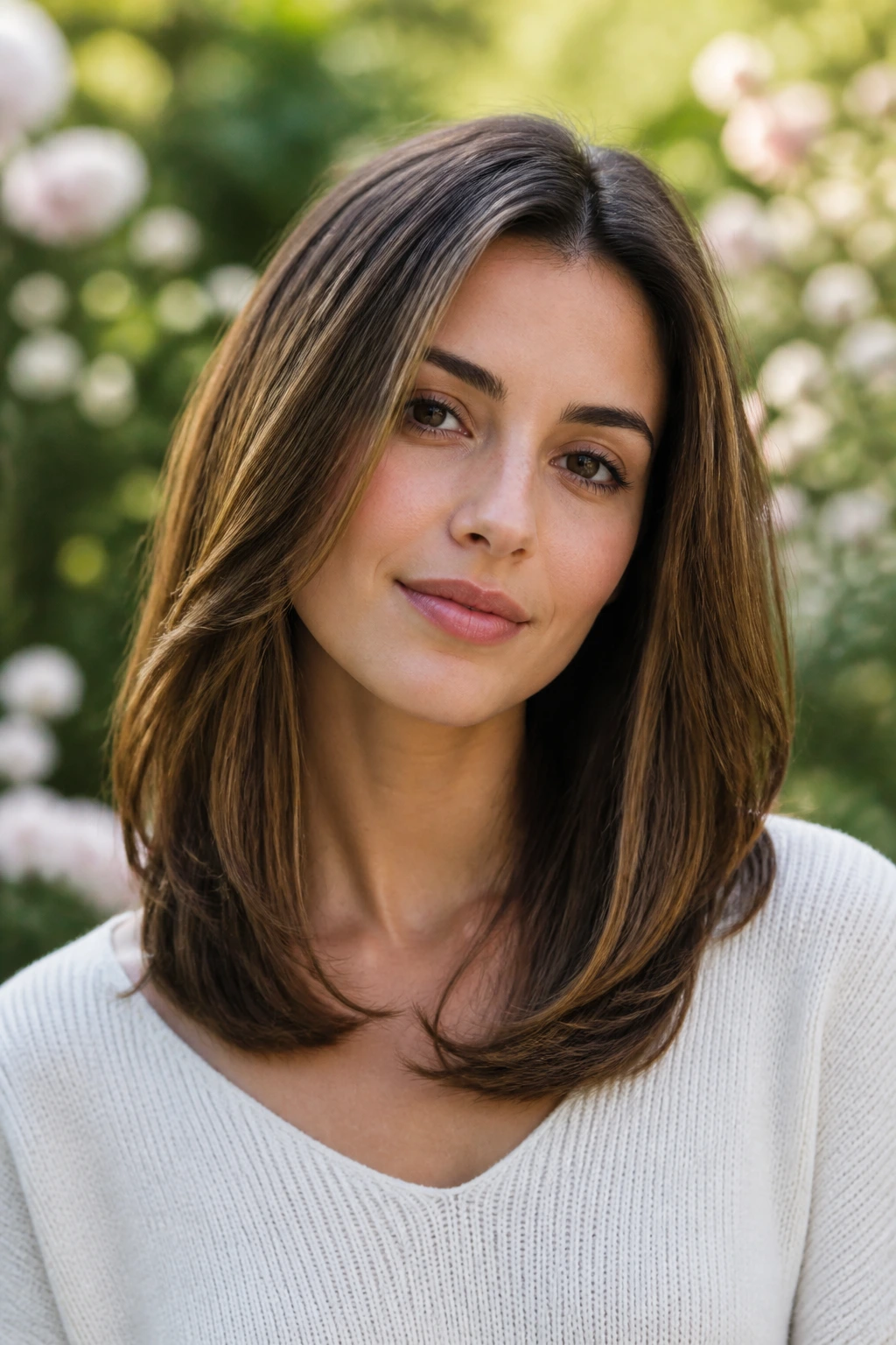 Portrait of a woman with a U-shaped mid-length haircut showing a soft curve.