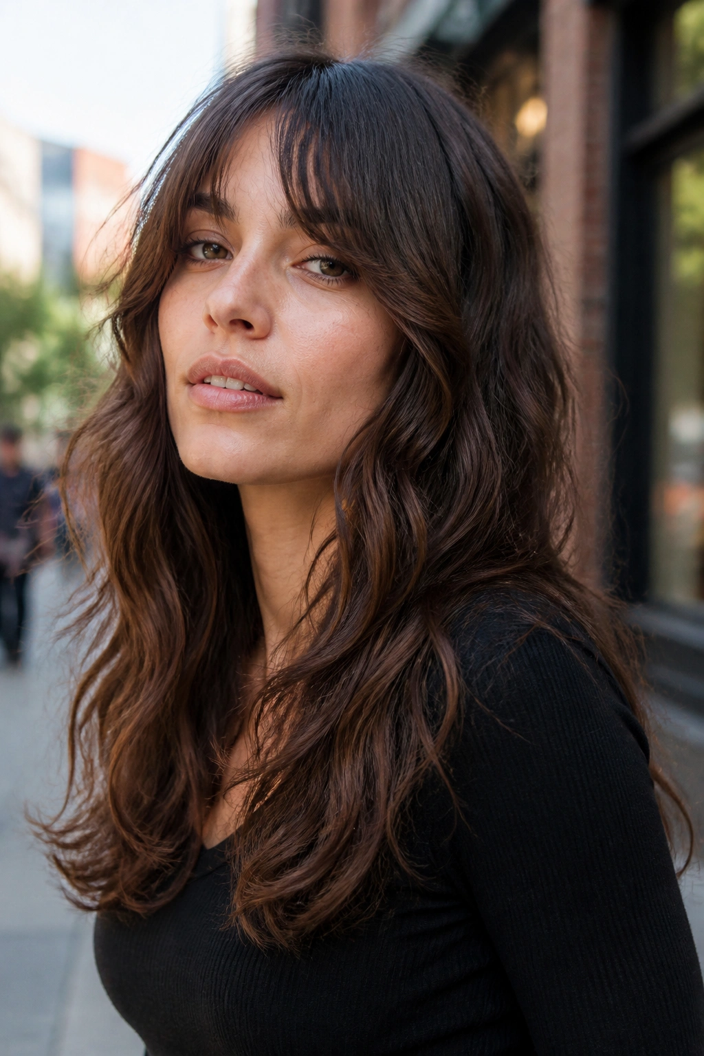 Portrait of a real woman with a U-shaped perimeter shag and movement in long hair