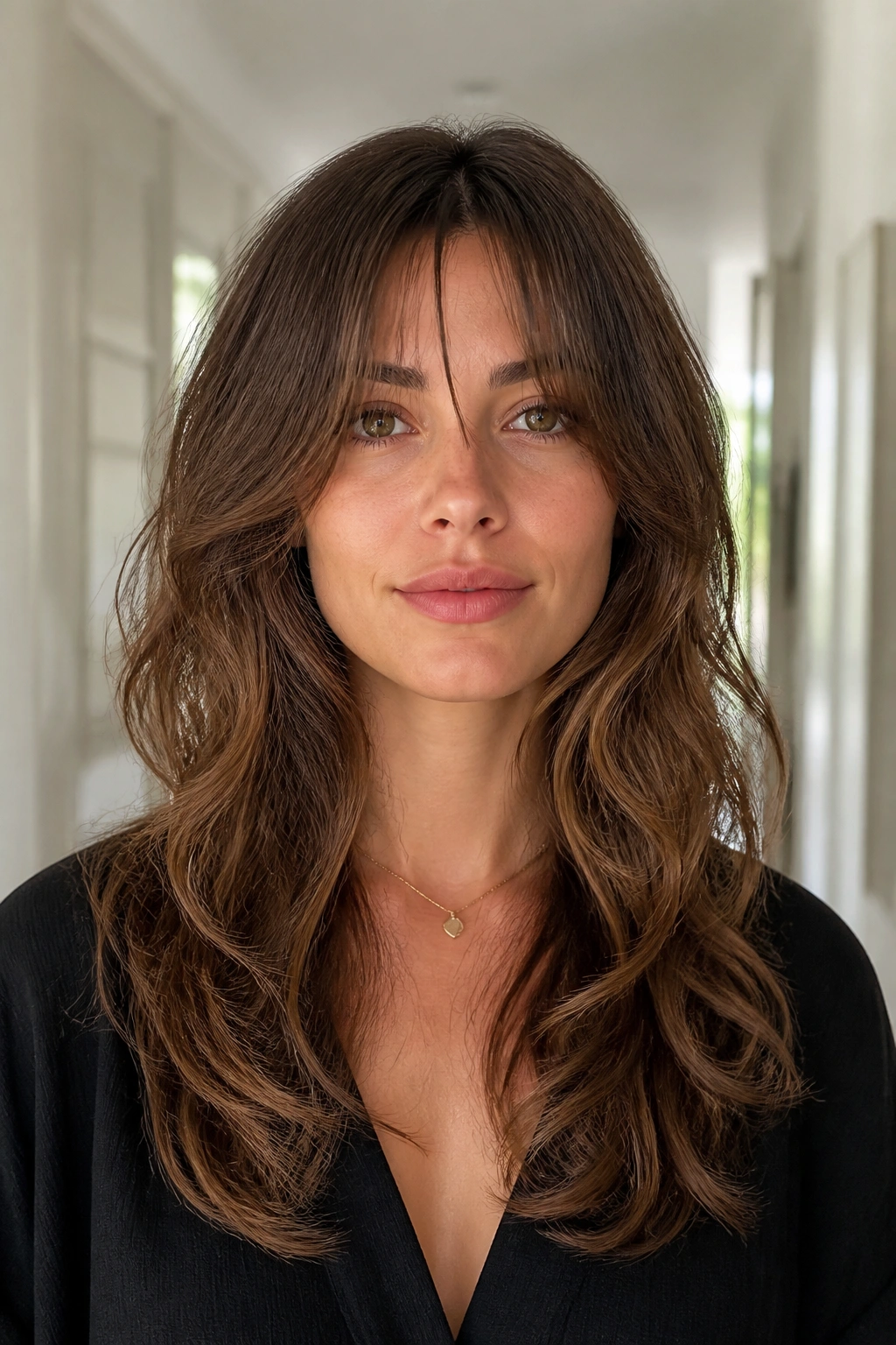 Portrait of a woman with U-shaped long shag and barely-there bangs in a bright hallway.
