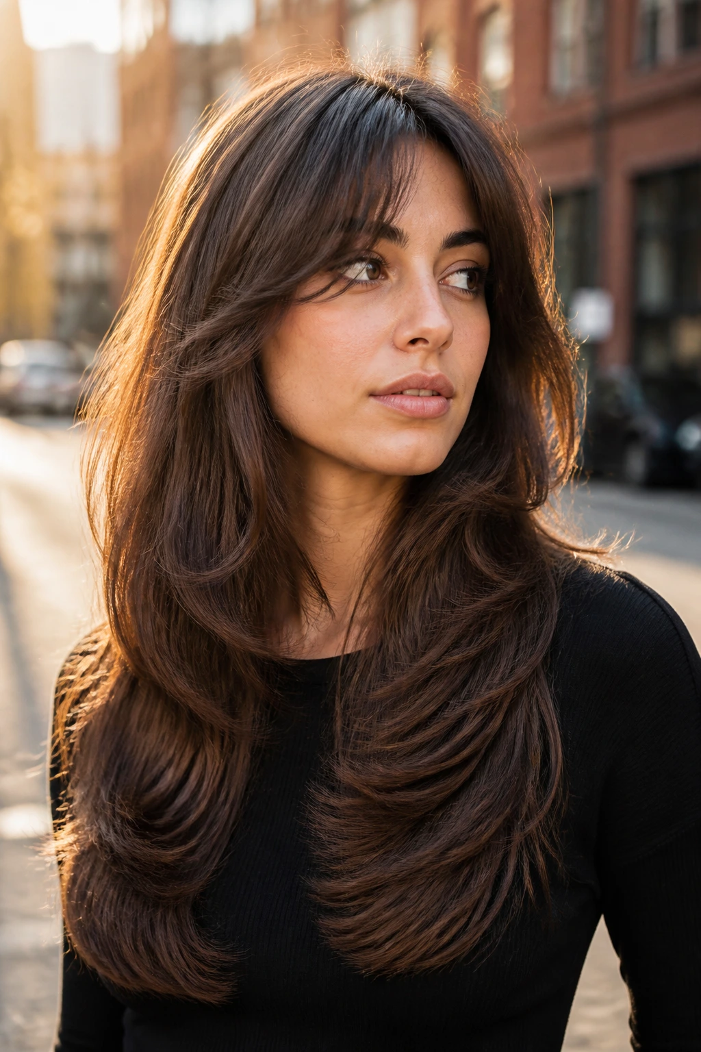 Close-up of a real woman with a U-shaped shag and soft ends