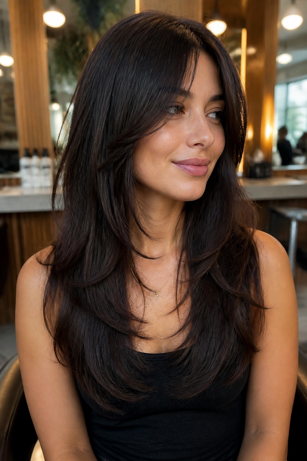 Close-up of a real woman with a U-shaped wolf cut and interior layers, soft rounded ends in salon setting