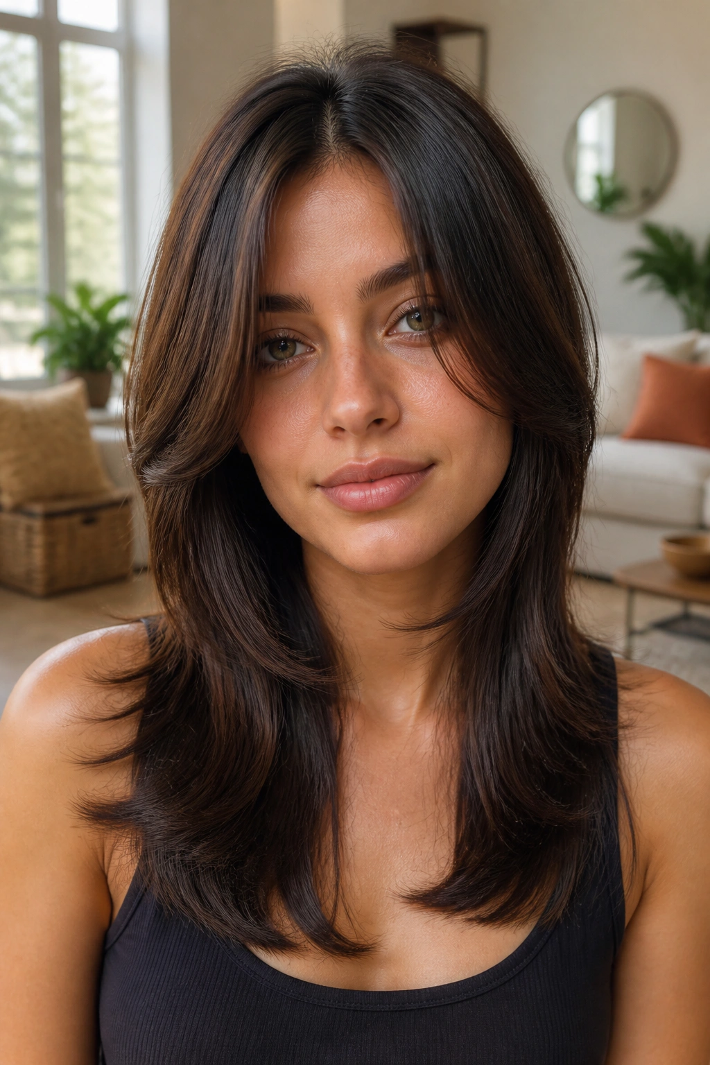 Close-up portrait of a real woman with a U-shaped wolf cut and soft layers.