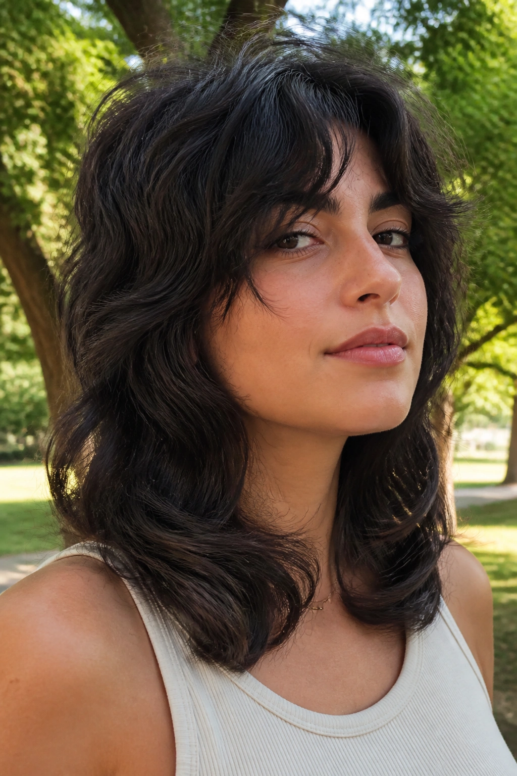 Close-up portrait of a real person with U-shaped wolf cut outdoors