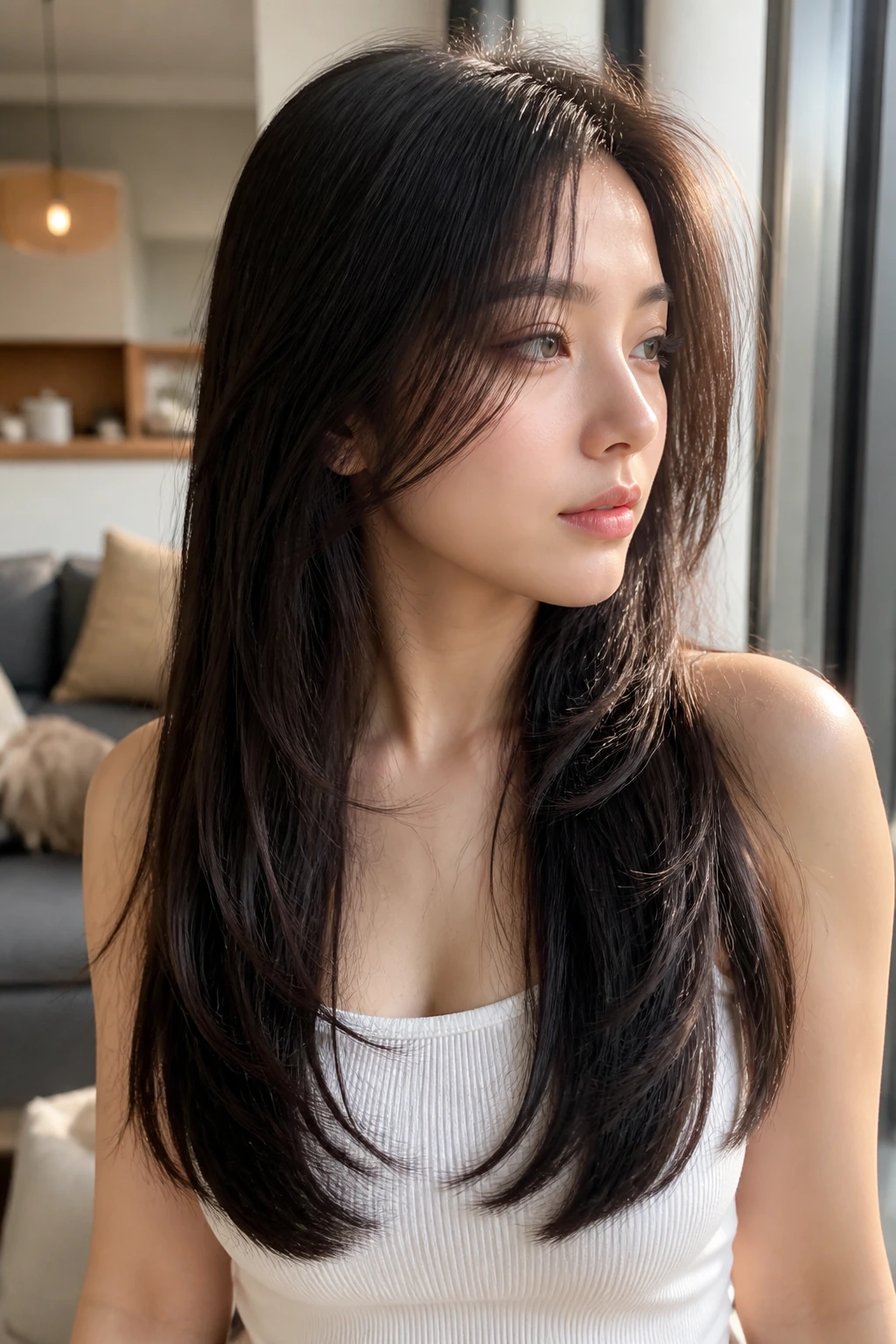 Close-up of a real woman with a U-cut long hair and invisible layers in soft home lighting