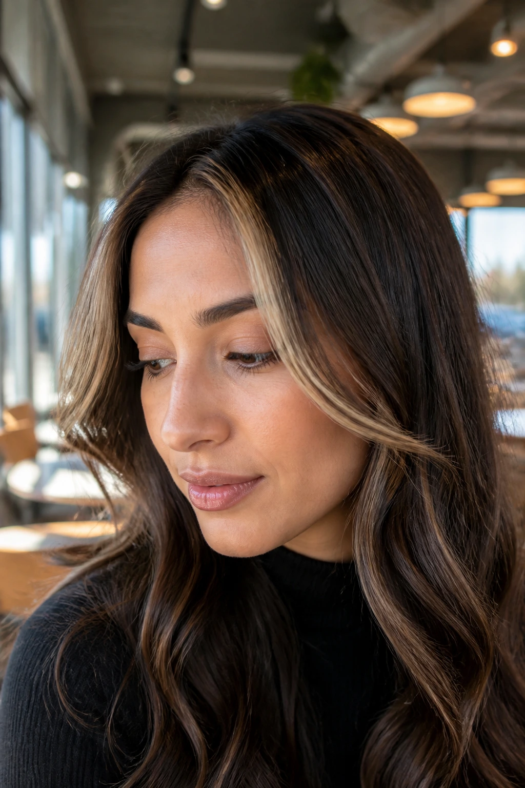 Close-up of a brunette with ultra-fine babylights at the hairline