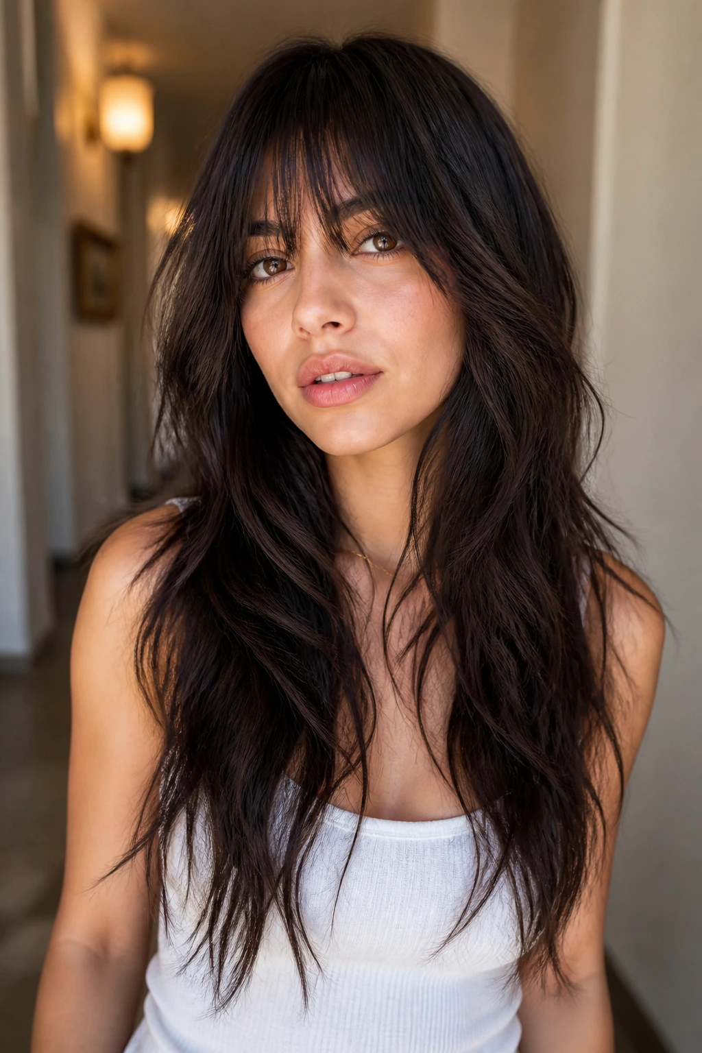 Close-up of a real person with ultra-long shag and heavy texture.