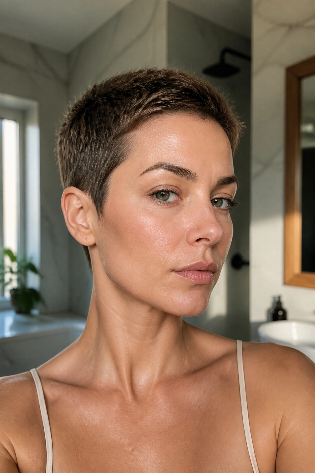 Real woman with ultra-short pixie in bright bathroom light