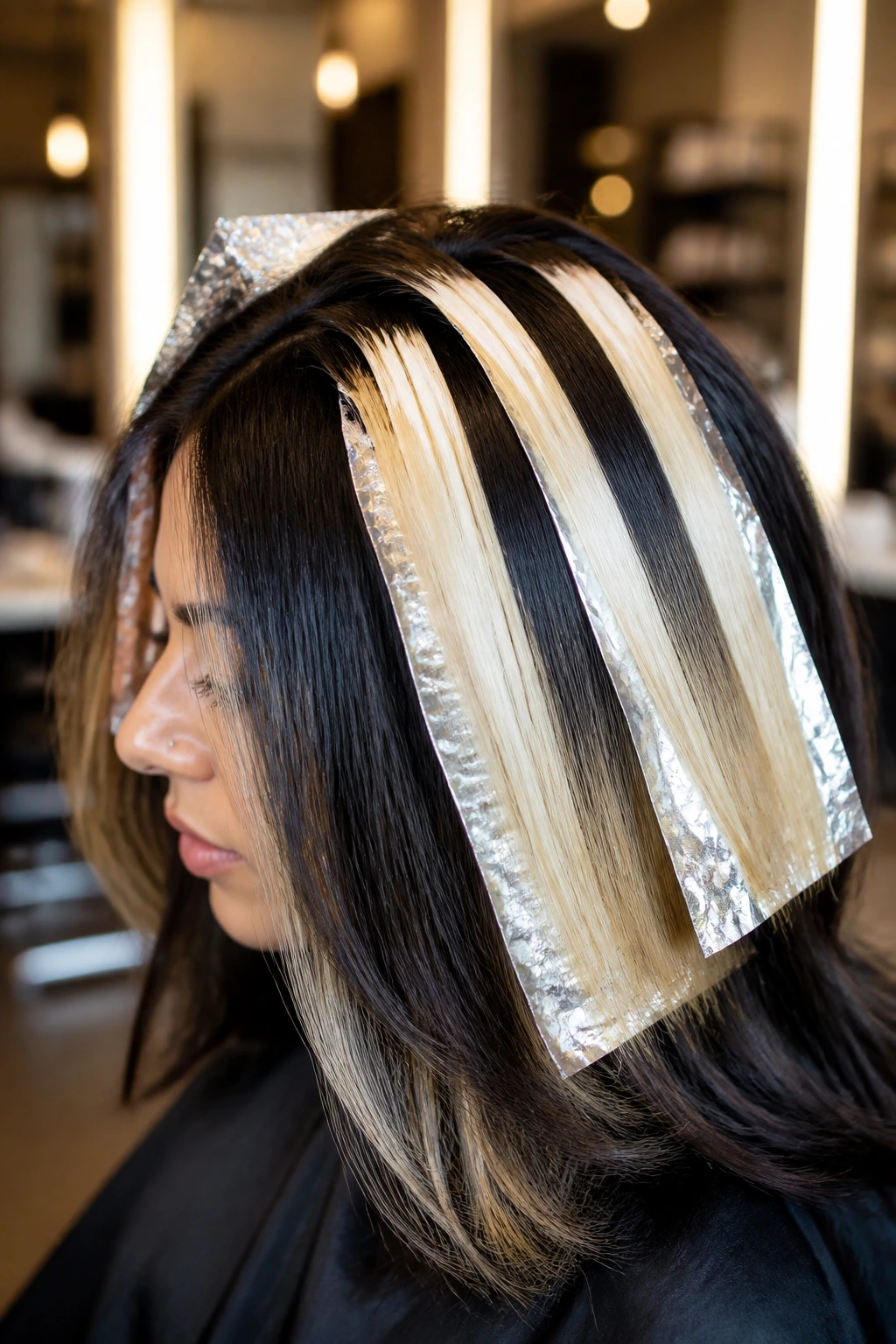 Close-up of a real person with black hair and wide blonde foils in a salon
