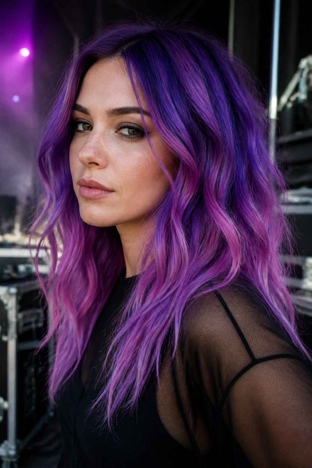 Real person portrait showing ultraviolet root melt hair color gradient