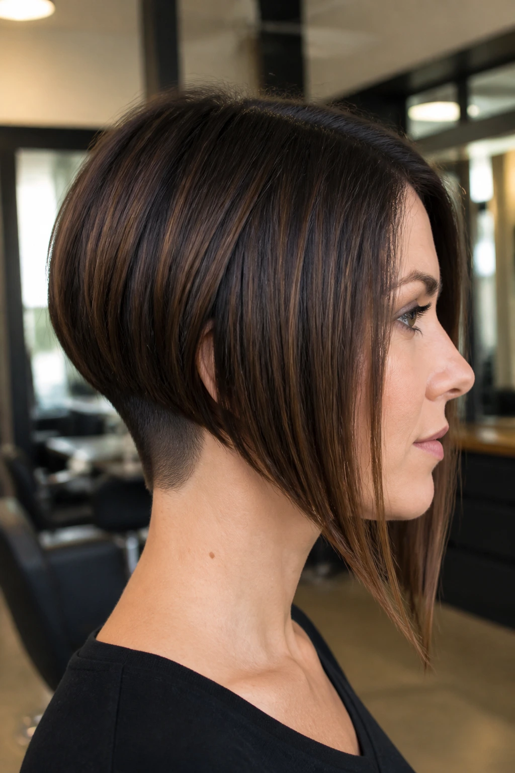 Close-up of a real woman with an angled bob and hidden subtle undercut at the nape