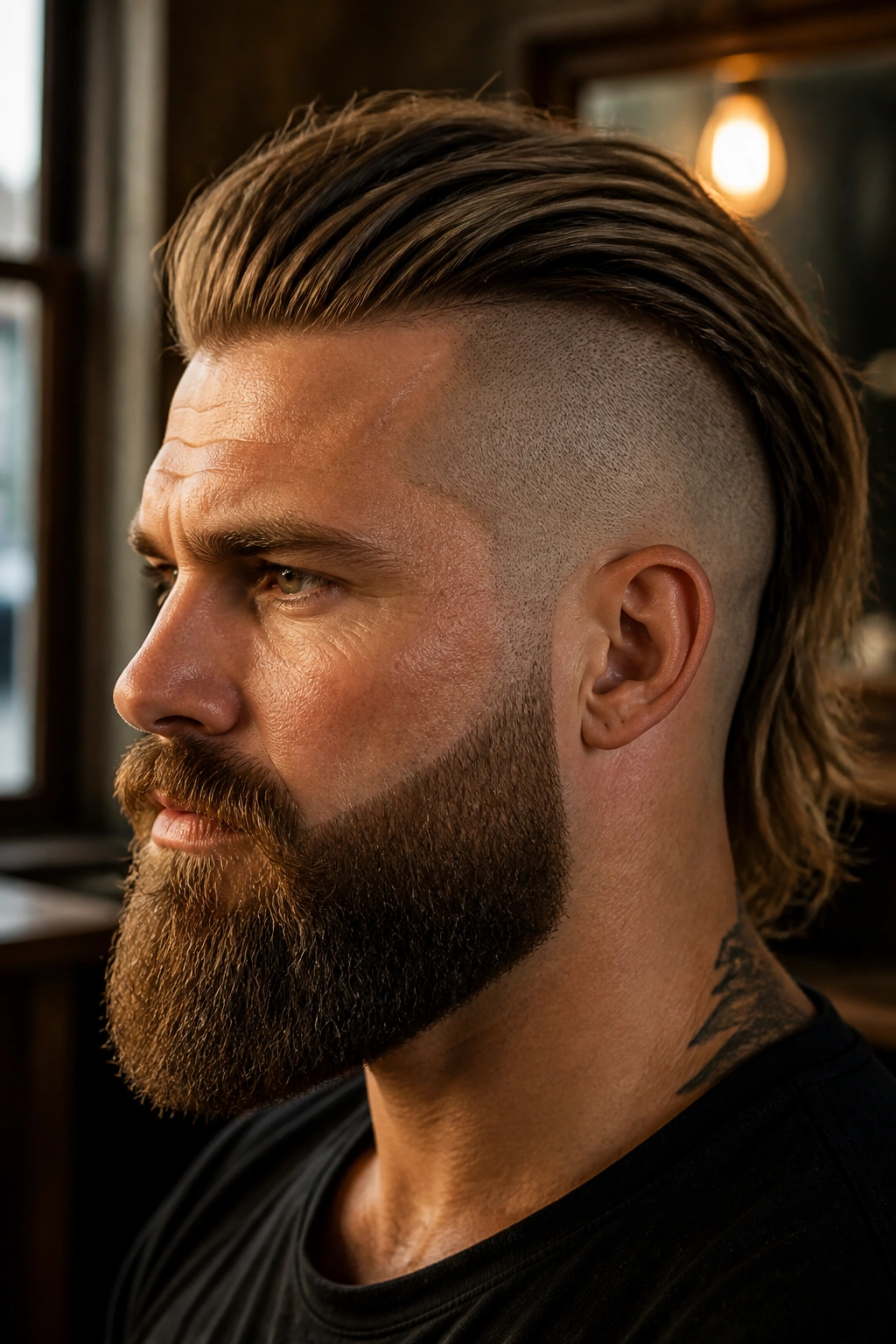 Portrait of a man with long undercut and beard fade