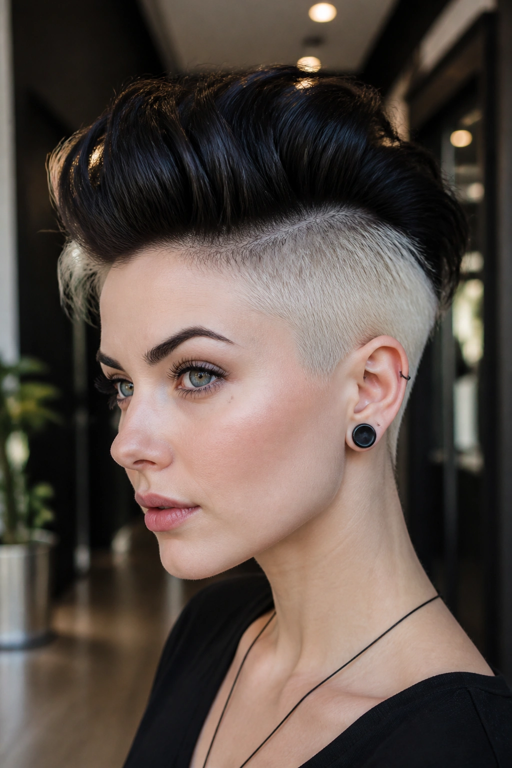 Real person with bleached undercut and dark top hairstyle.