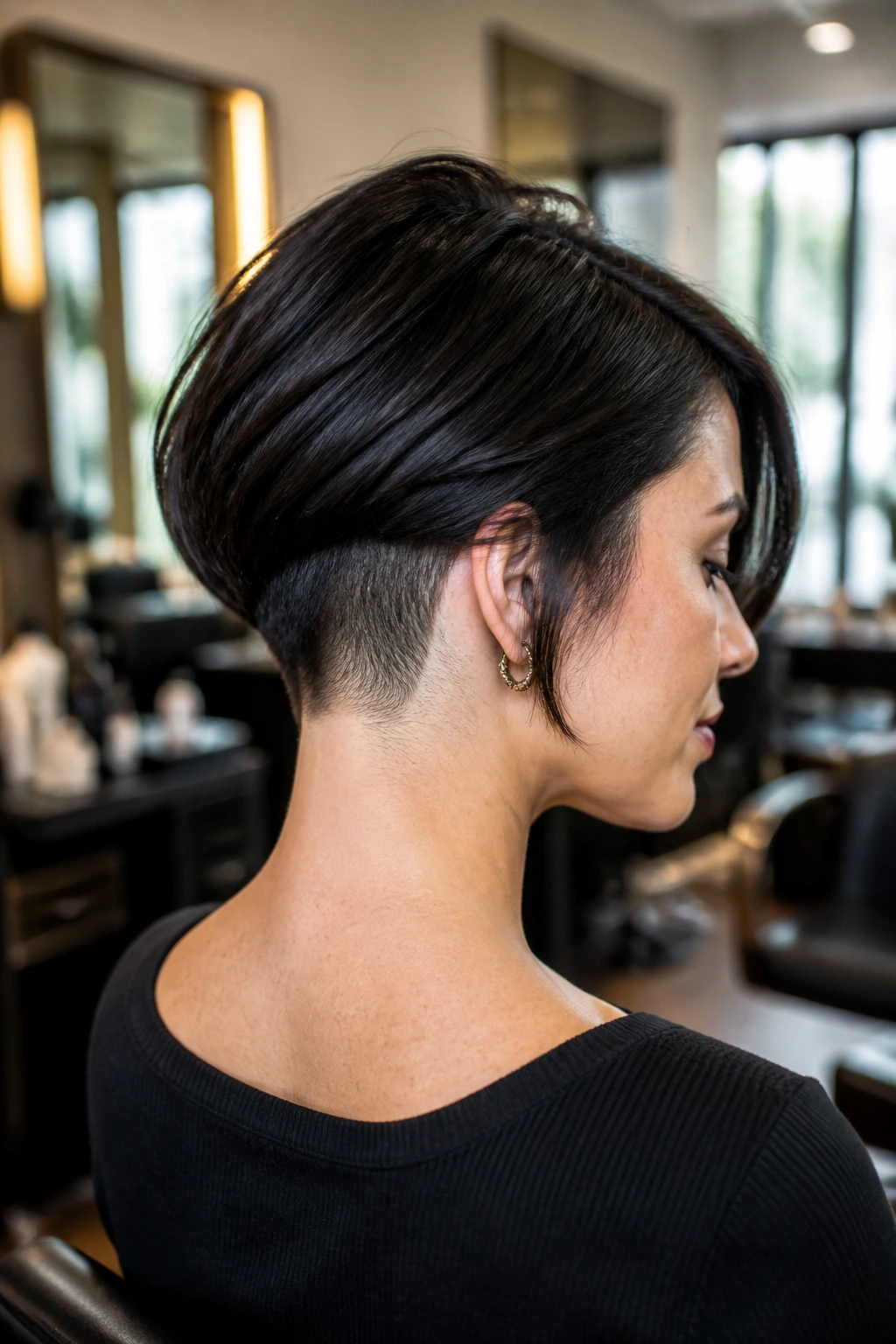 Back view of a real woman with an undercut bob showing shaved nape