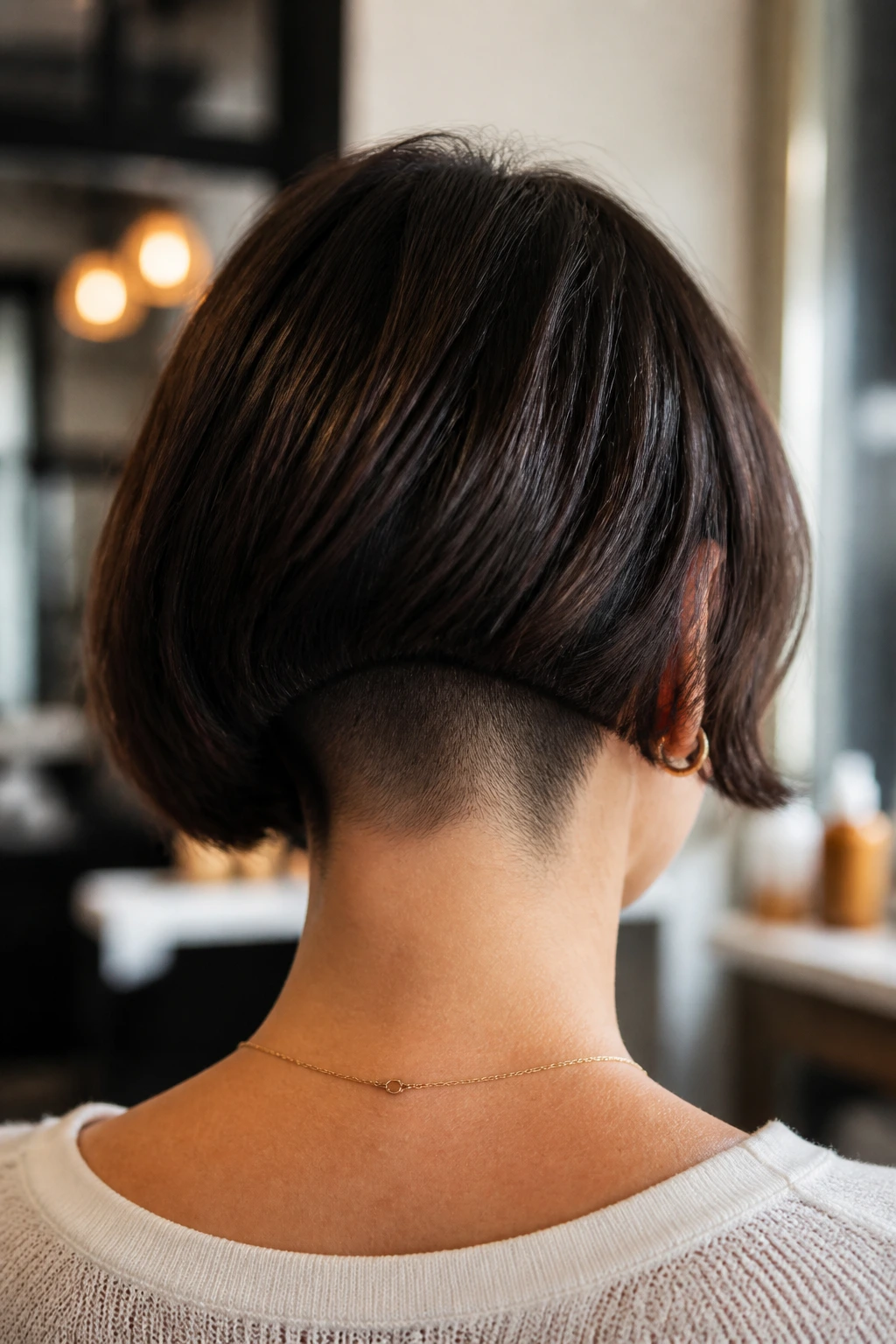 Back-of-head view of a real person with an undercut bob at the nape, showing hidden bulk removal.