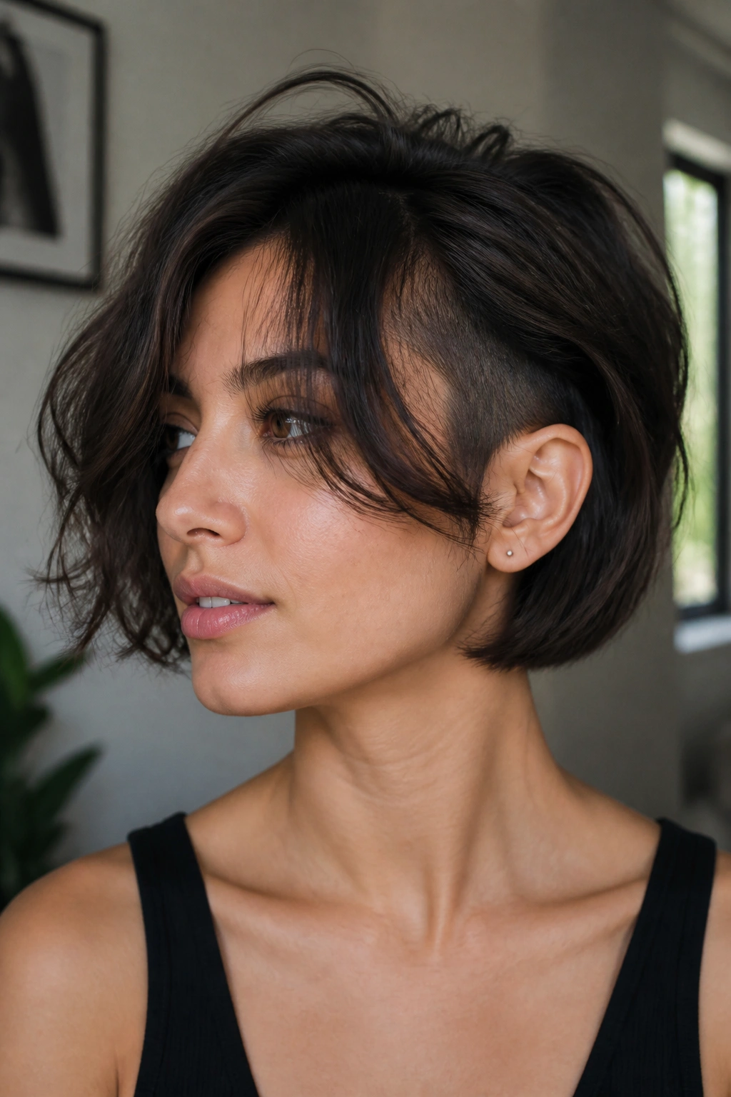 Real woman with an undercut bob and piecey curtain bangs.
