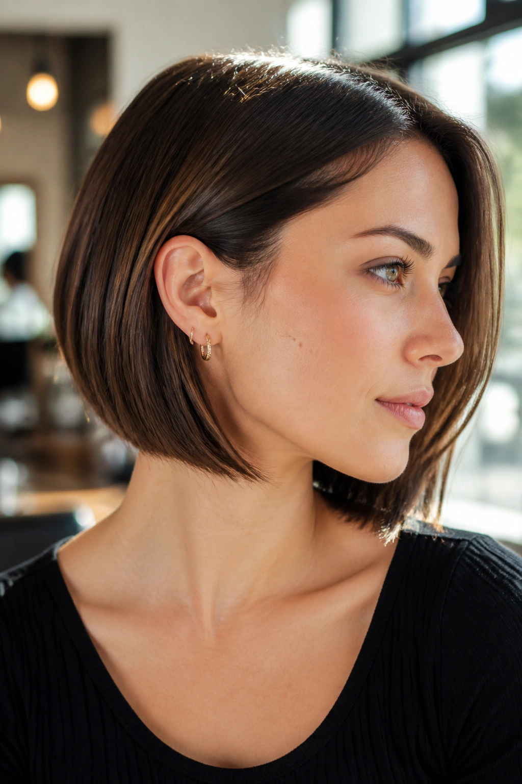 Close-up of a real woman with hidden undercut bob and long top layer covering the nape