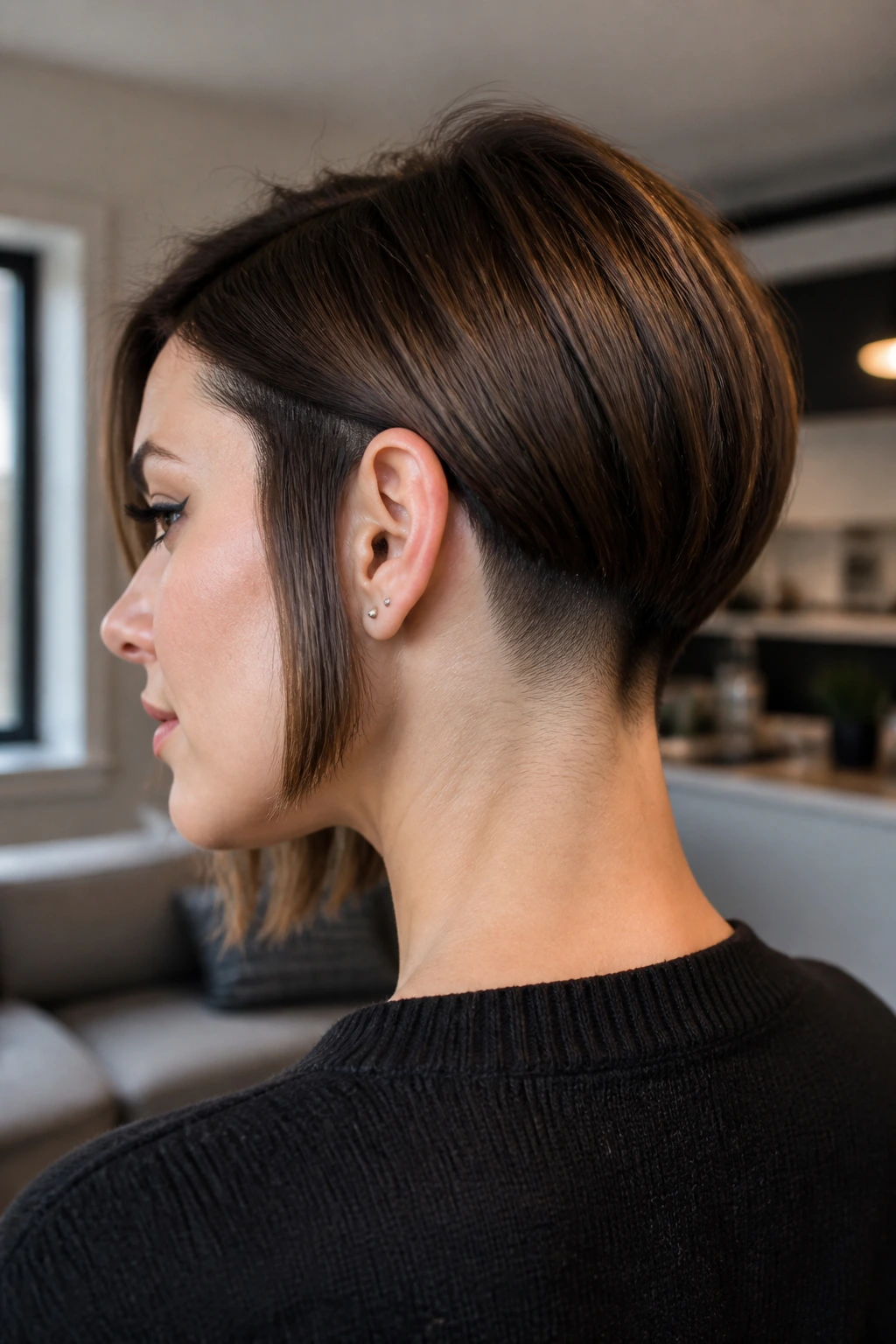 Side-profile of a real woman with an undercut bob showing a shaved or removed underlayer at the nape