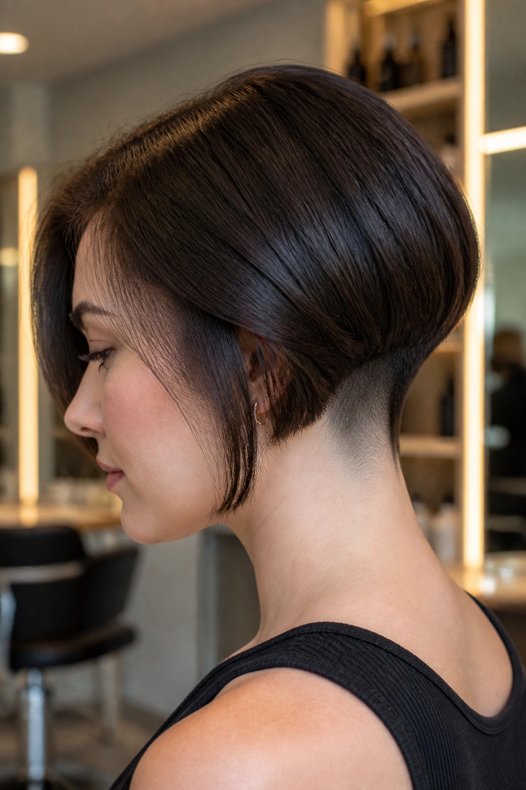 Close-up portrait of a real woman with an undercut bob featuring a shaved nape and sleek top layers