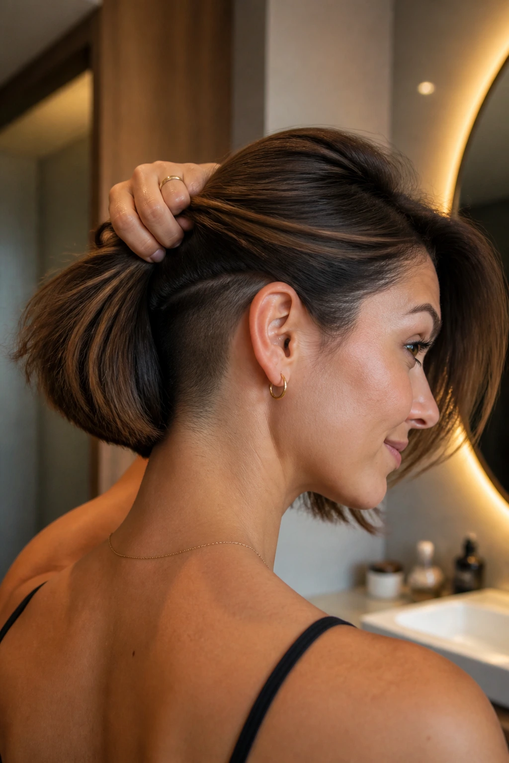 Portrait of woman with undercut at nape under top hair in a stylish setting