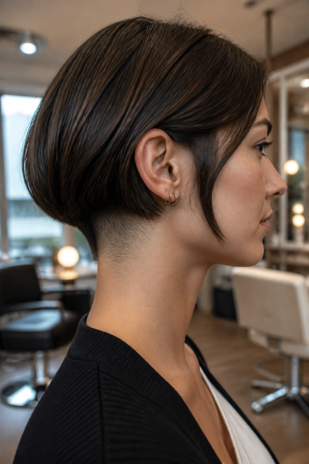 Profile portrait of a mujer with a hidden undercut varsity bob showing a subtle nape undercut.