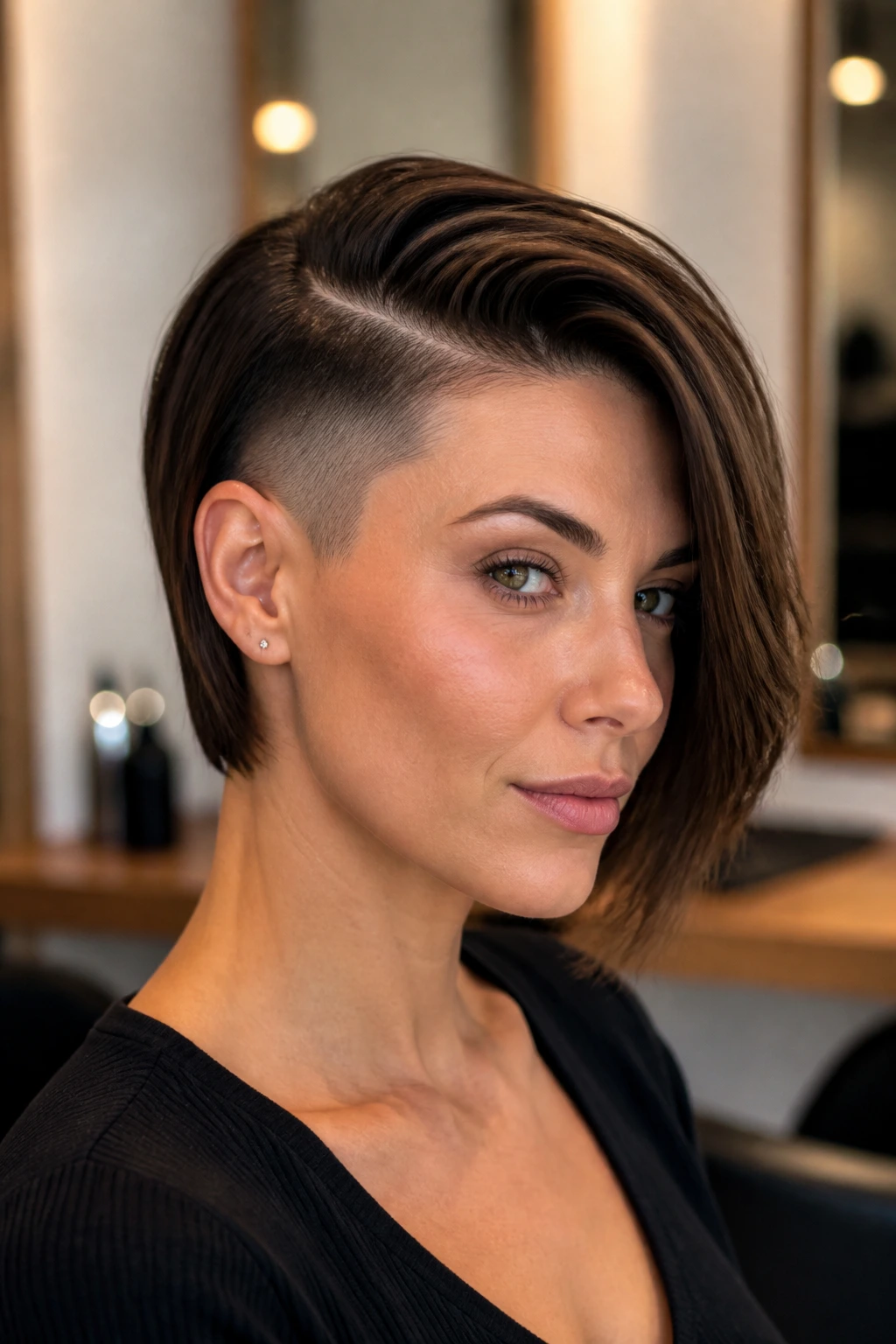 Real person with bob undercut and heavy side part showing contrast between lengths.
