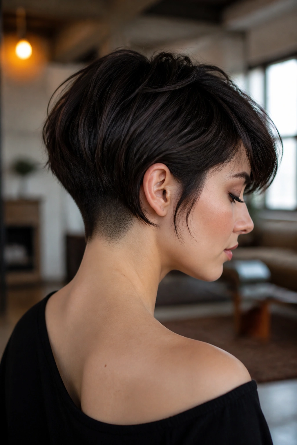 Close-up portrait of undercut bob with a heavy top on a real woman