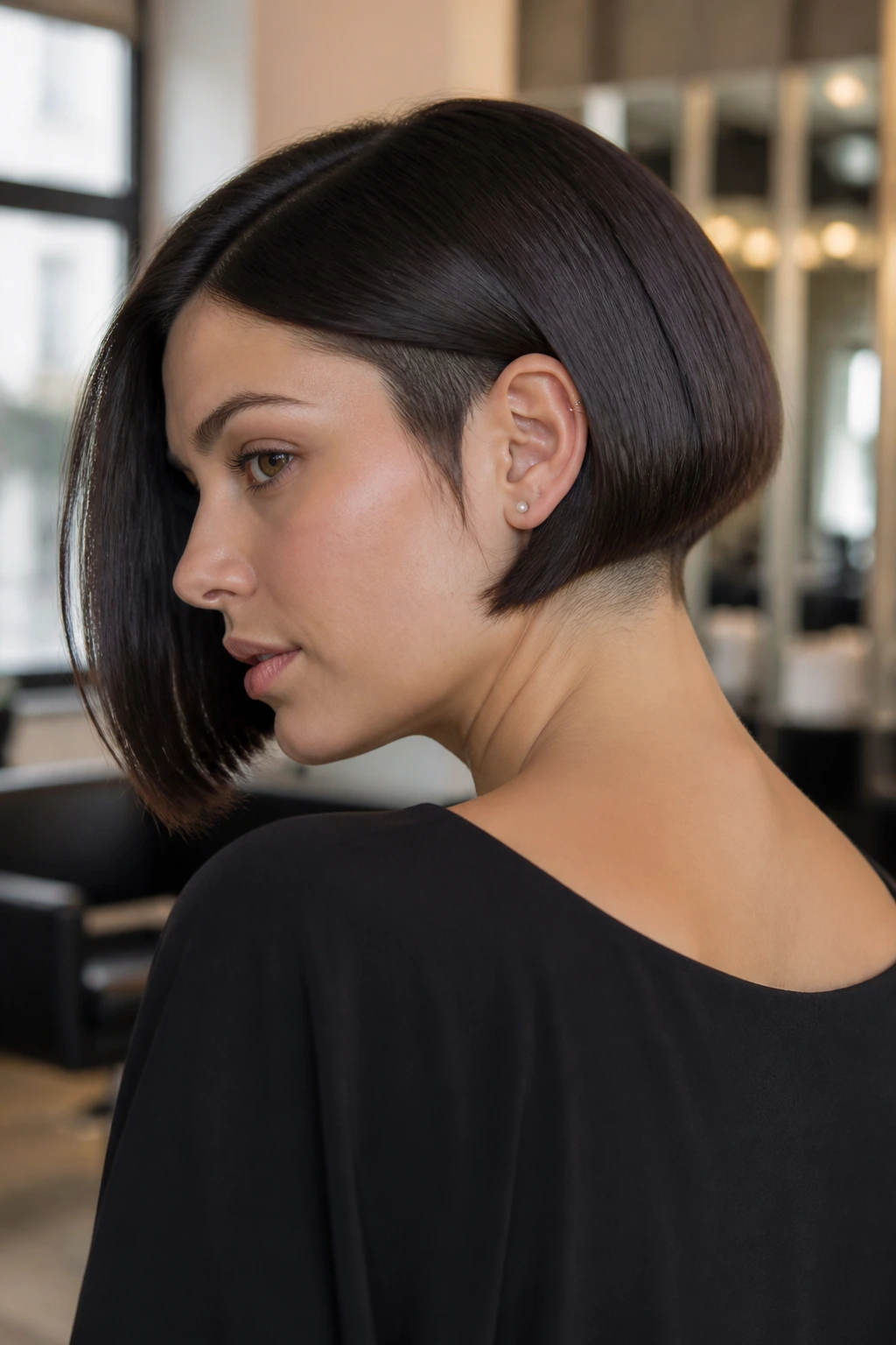 Close-up portrait of a real woman with an undercut hidden beneath a sleek bob at the nape