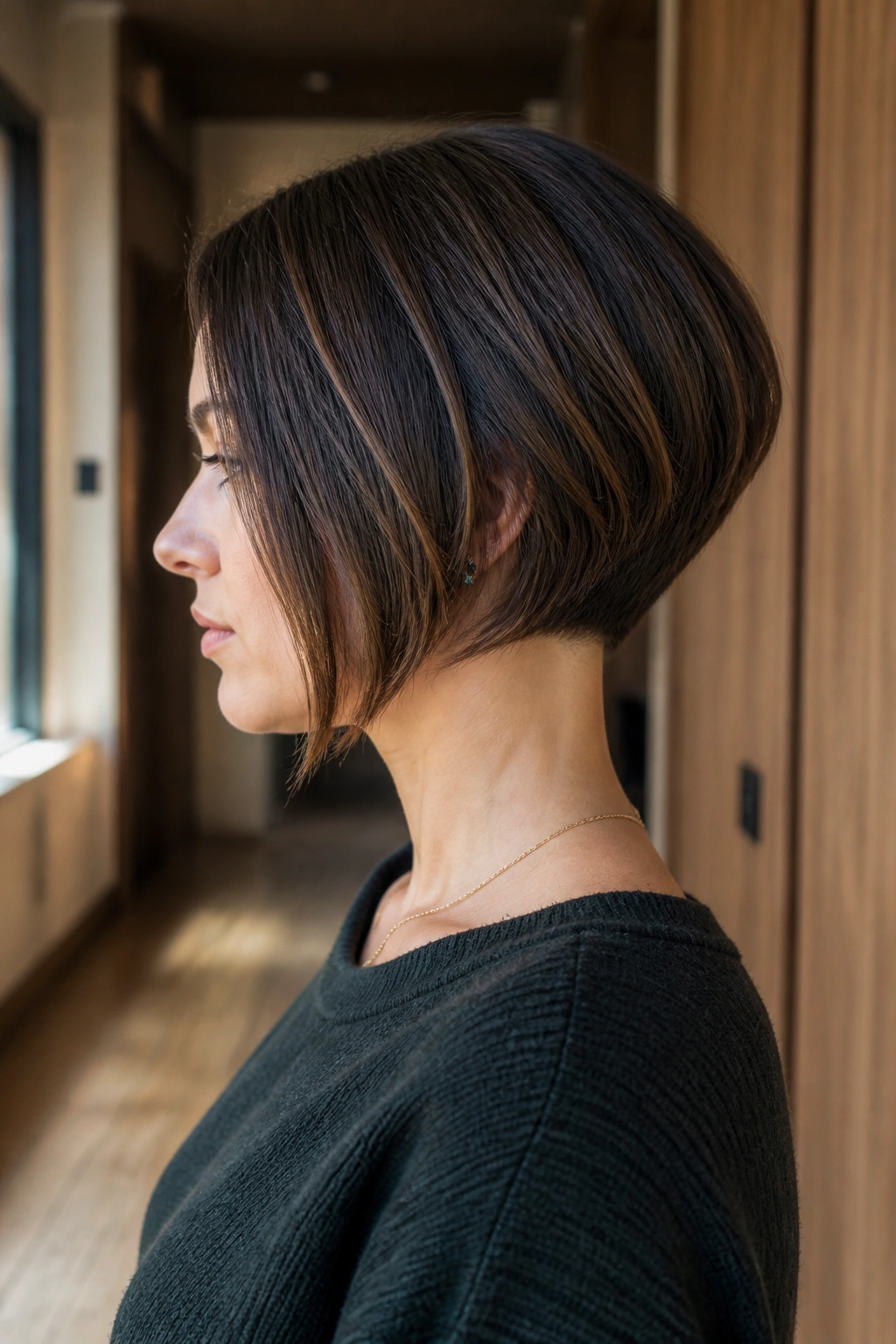 Side profile of a real woman with a bob and hidden nape undercut