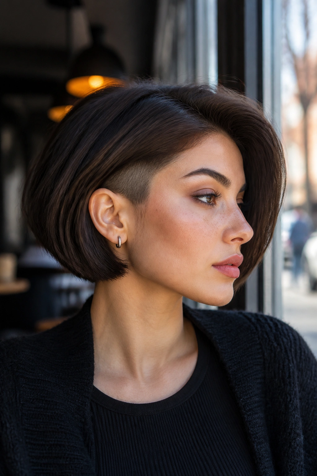 Close-up of a real woman with an undercut bob that sharpens the jawline in a cafe setting