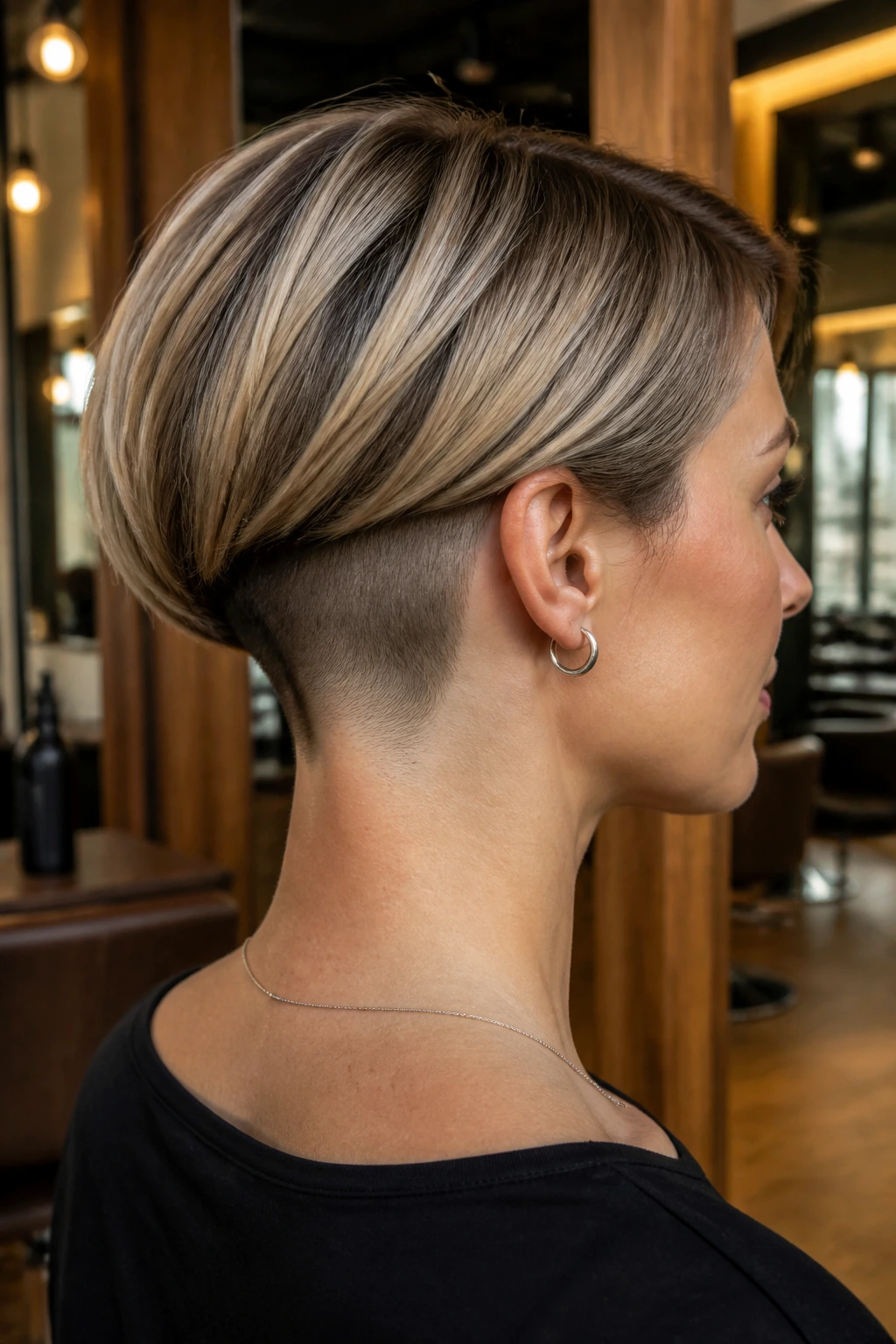 Portrait of a real woman showing an undercut at the nape with bob